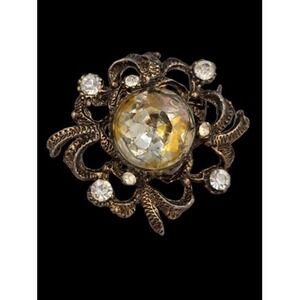 Vintage Ornate Brooch Pin Large Faceted Paste Rhinestone Gold Tone Scrollwork